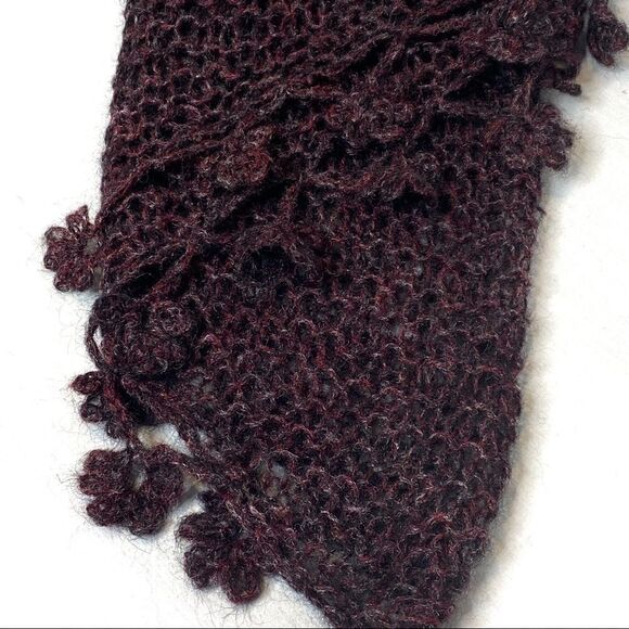 Hand knit burgundy and gray mohair triangle scarf size 78” X 23” - Picture 8 of 13
